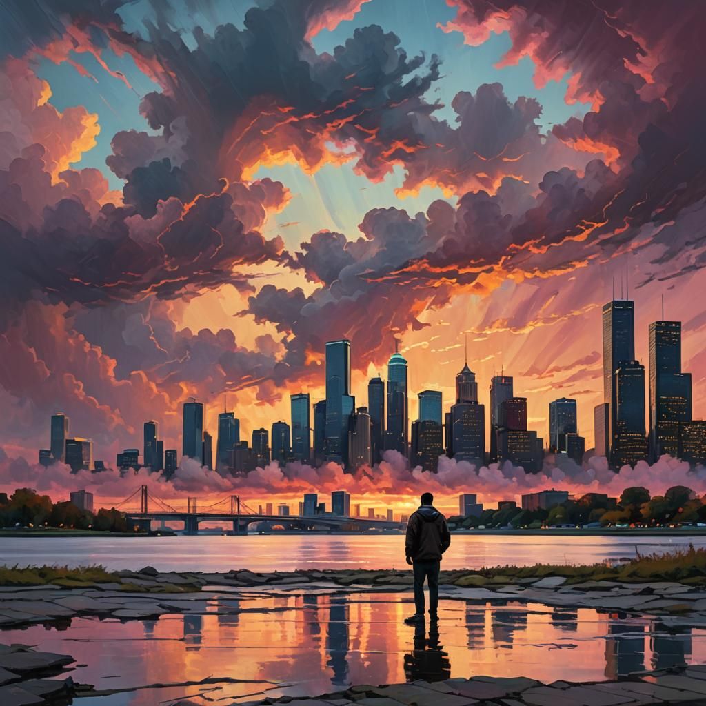 Detroit Sunset: Solitary Figure in Vibrant Cityscape