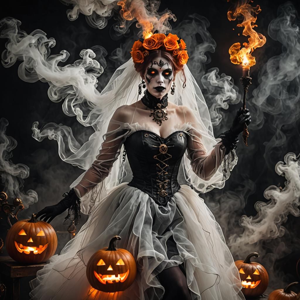 Steampunk Gothic Ghost in a Fiery Halloween Scene
