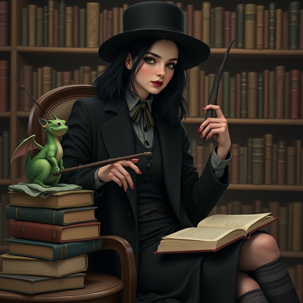 Woman in Black Attire with Dragon in Library