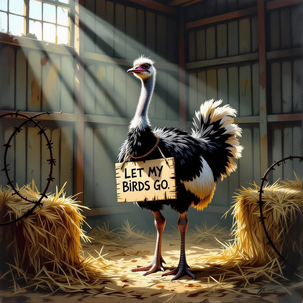 Ostrich with Plea Sign Amidst Barbed Wire and Hay Bales