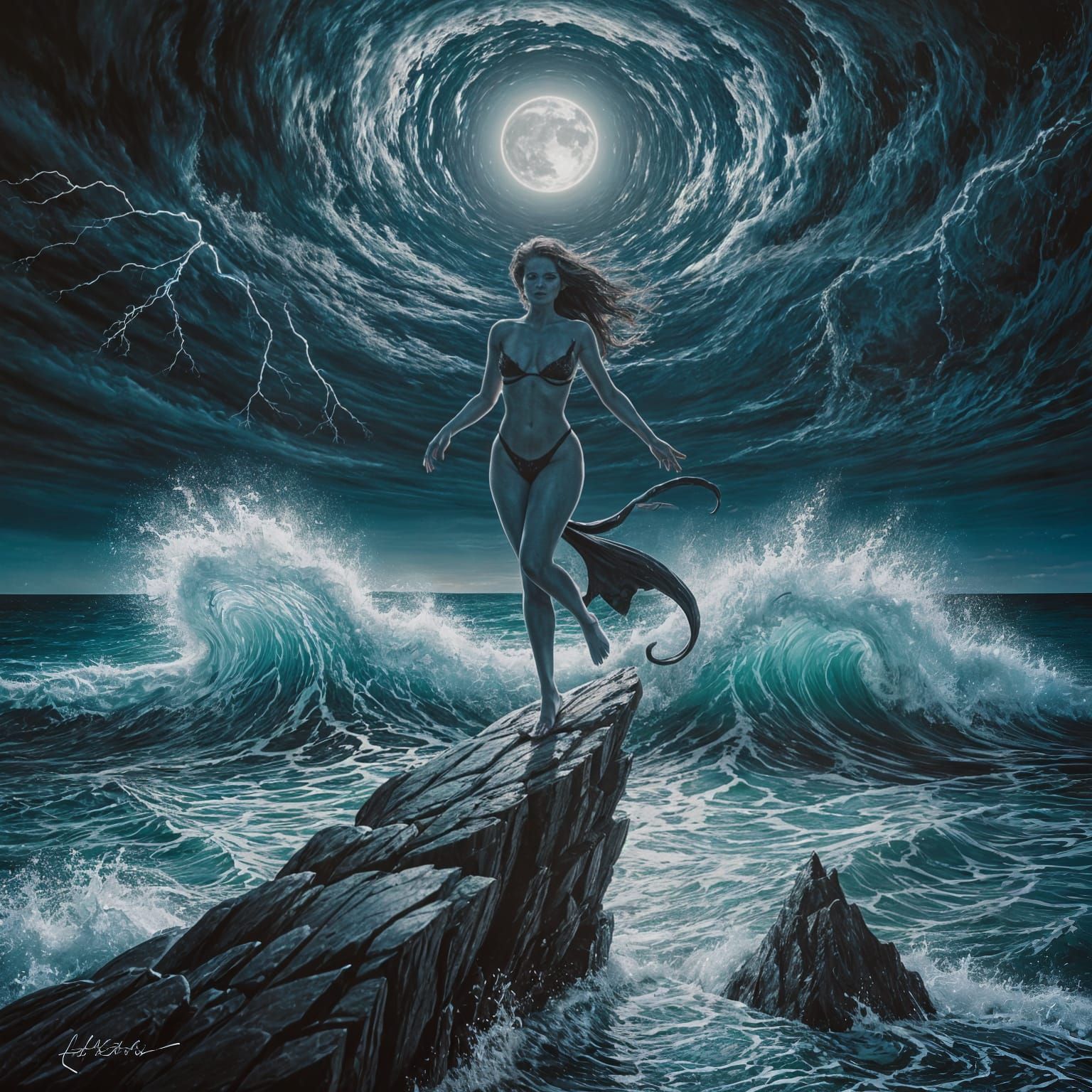 Dark Siren on a Rock in Stormy Impressionistic Seascape