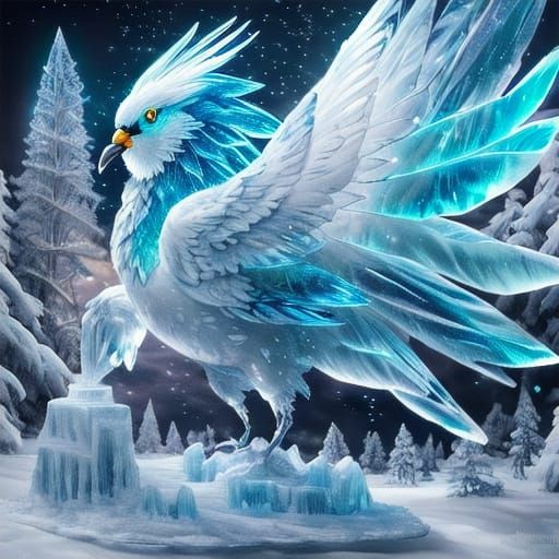 Ice Bird Soaring Over Frozen Lake in Snowstorm