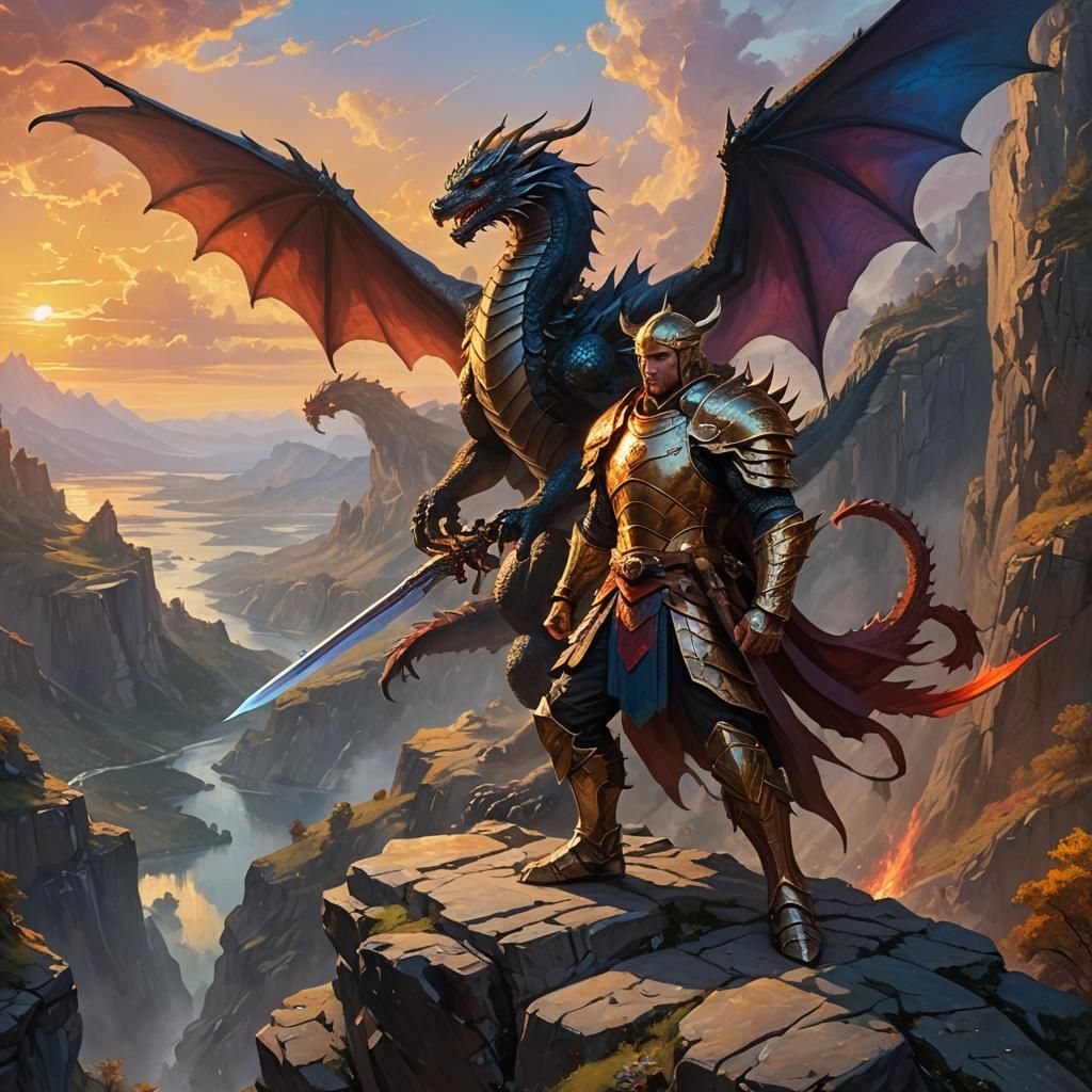 Heroic Warrior Confronts Dragon: Fantasy Art