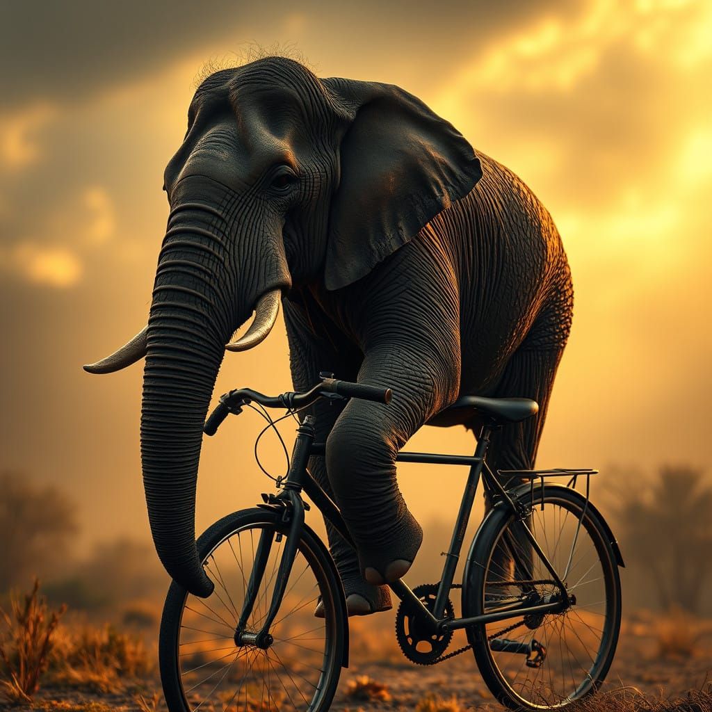Elephant Rides Bicycle Under Dramatic, Misty Skies