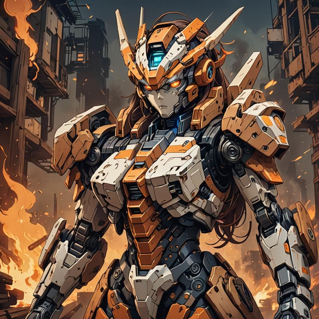 Anime 2D Mecha Girl Made of Wood and Fire