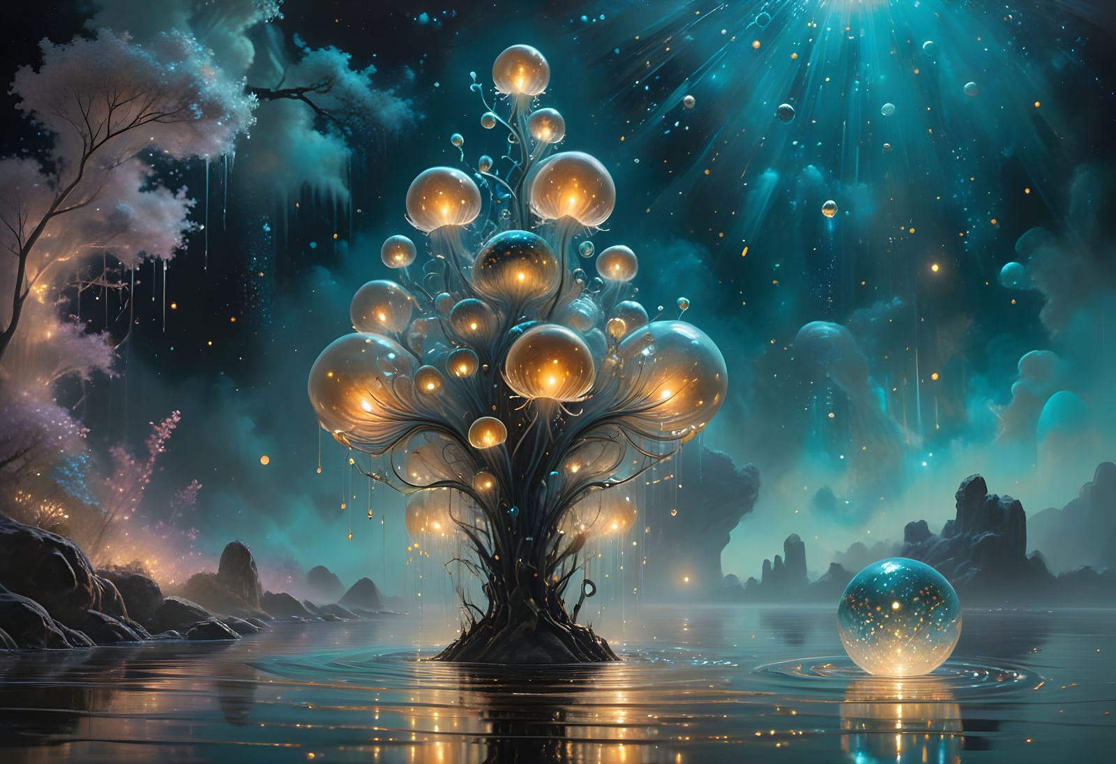 Bioluminescent Landscape in Soft Impasto Painting Style