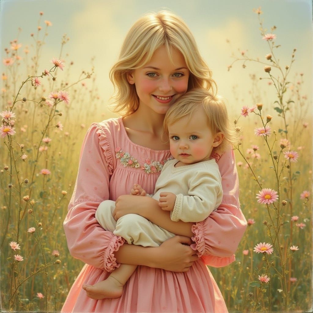 Motherly Love in a Whimsical European Landscape