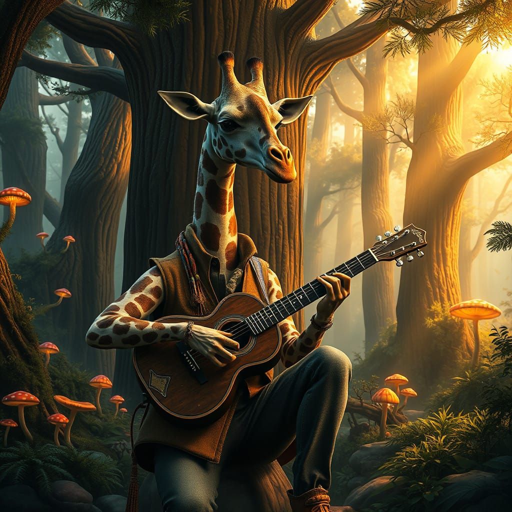 Whimsical Forest Scene: Giraffe Enchants with Guitar in Fant...