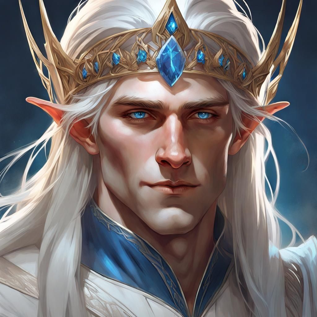 Elven Male Portrait with Tiara in Detailed Digital Art