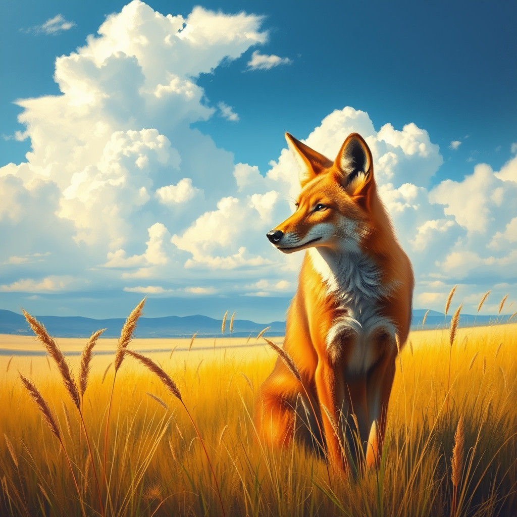 Coyote in Prairie Landscape, Romantic Realism Style