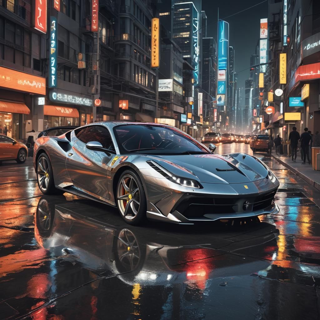 Futuristic Ferrari Concept Art in Neon Cityscape