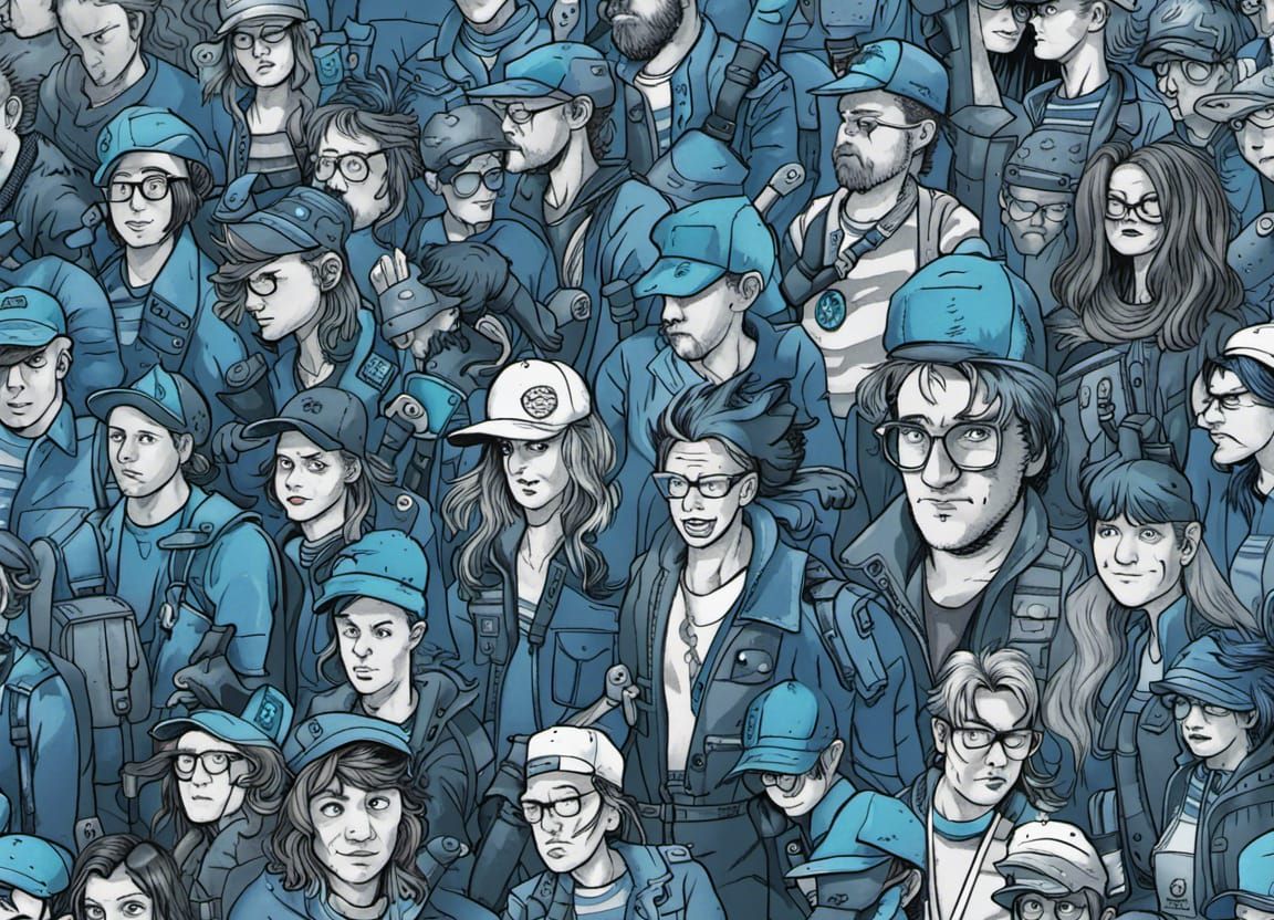 Monochromatic Cyberpunk Where's Waldo Scene