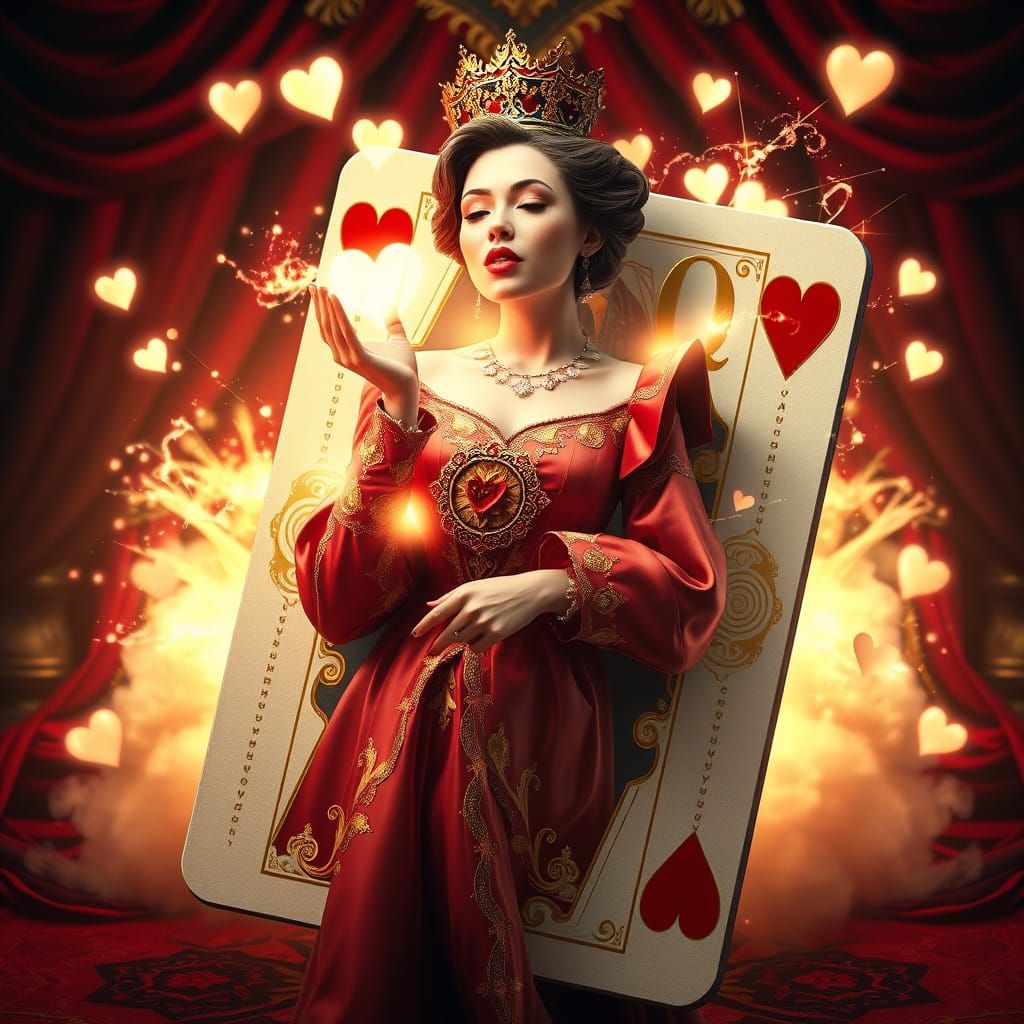 Queen of Hearts Emerges from Card in Surreal 3D Rendering
