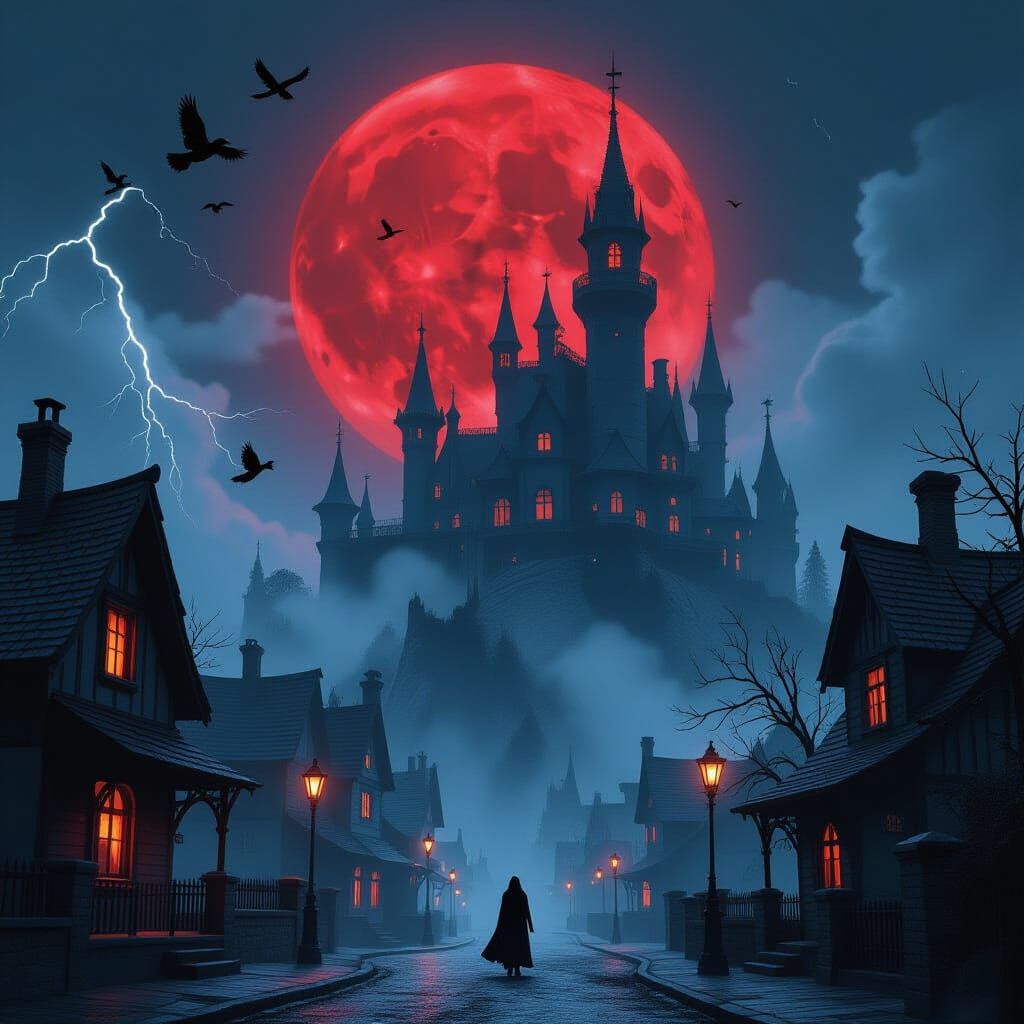 Gothic Village Under Blood Moon in Tim Burton Style
