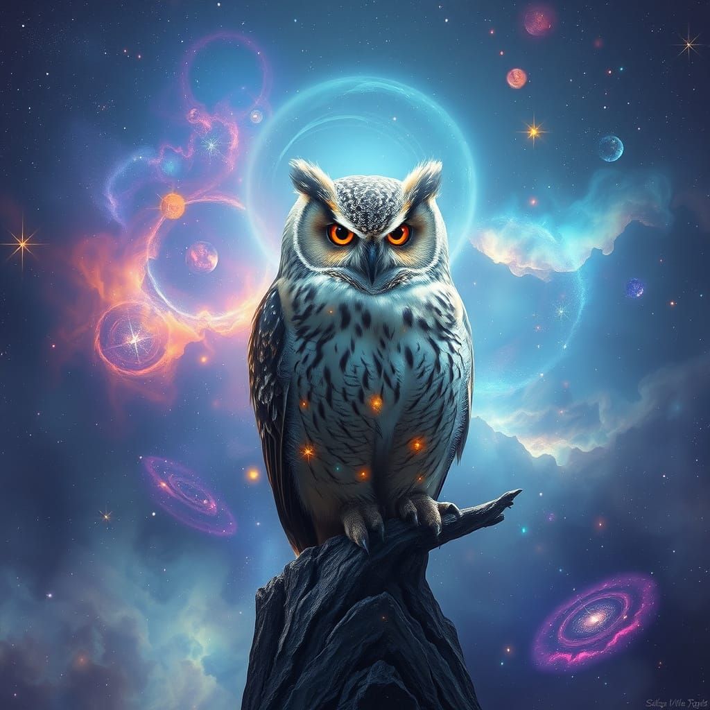 Majestic Owl in Cosmic Nebula