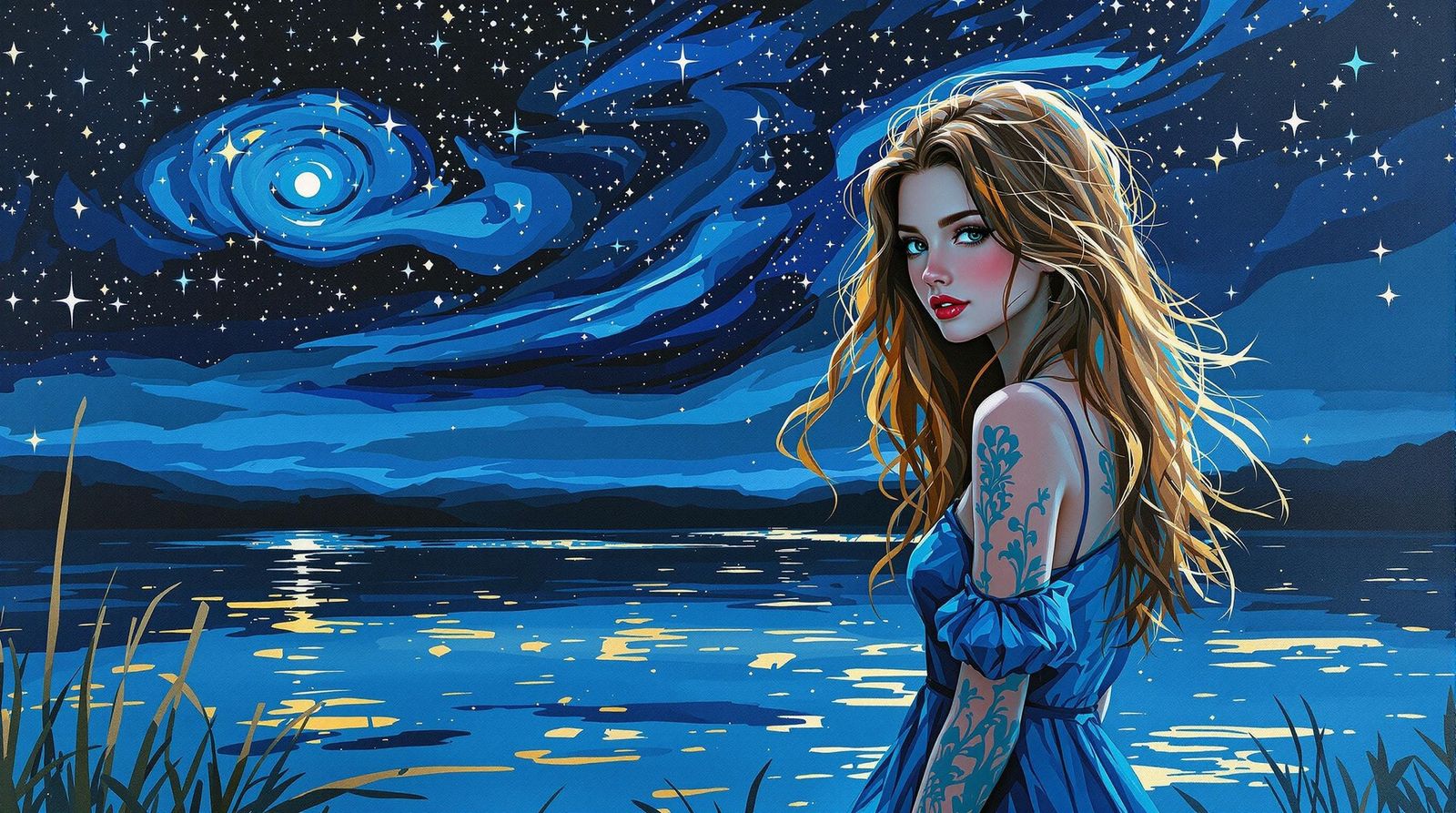 Young Woman Under Starry Night Sky in Vibrant Graffiti Art S...