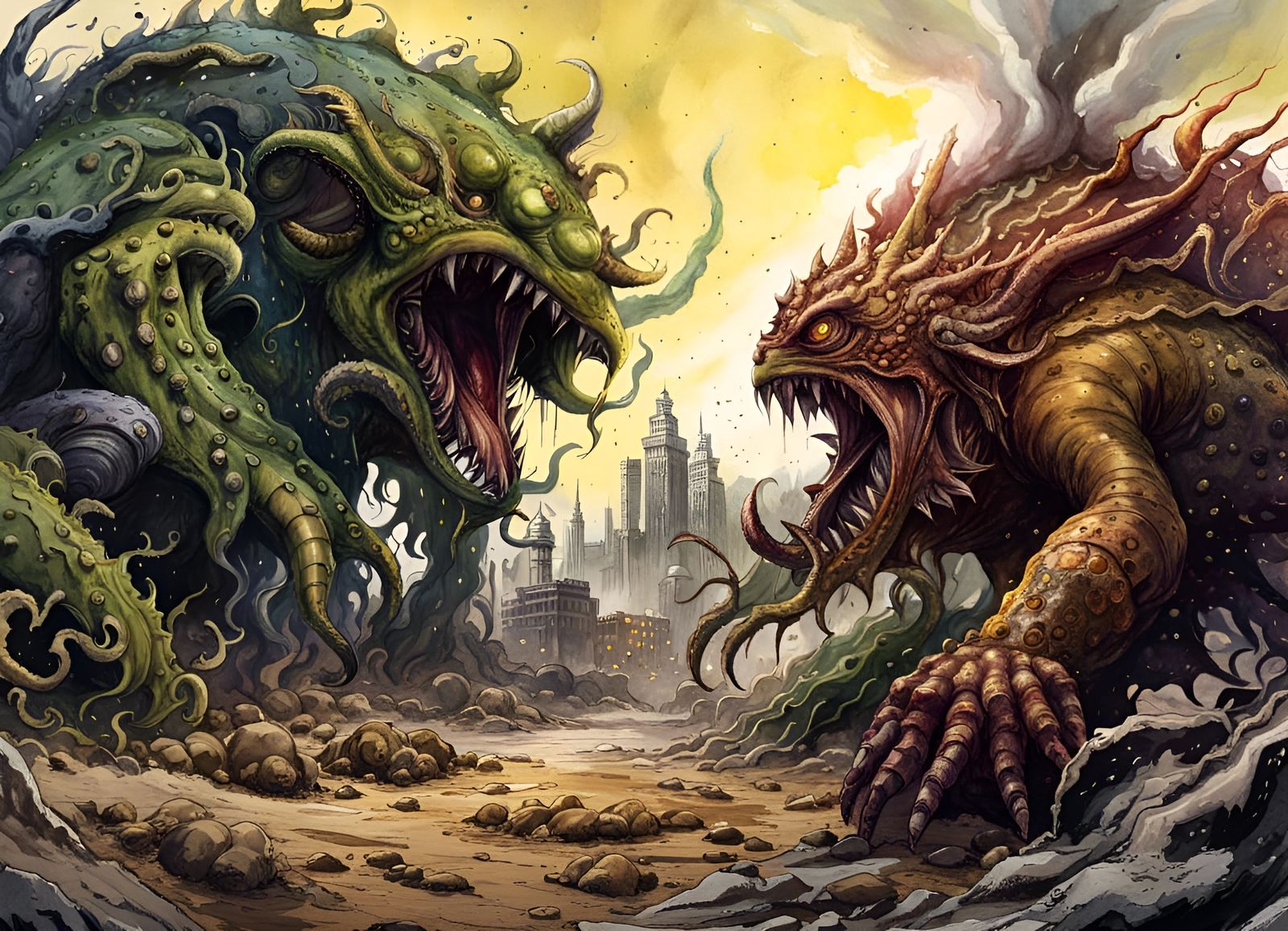 Lovecraftian Monsters Fight in Nuclear Wasteland Watercolor