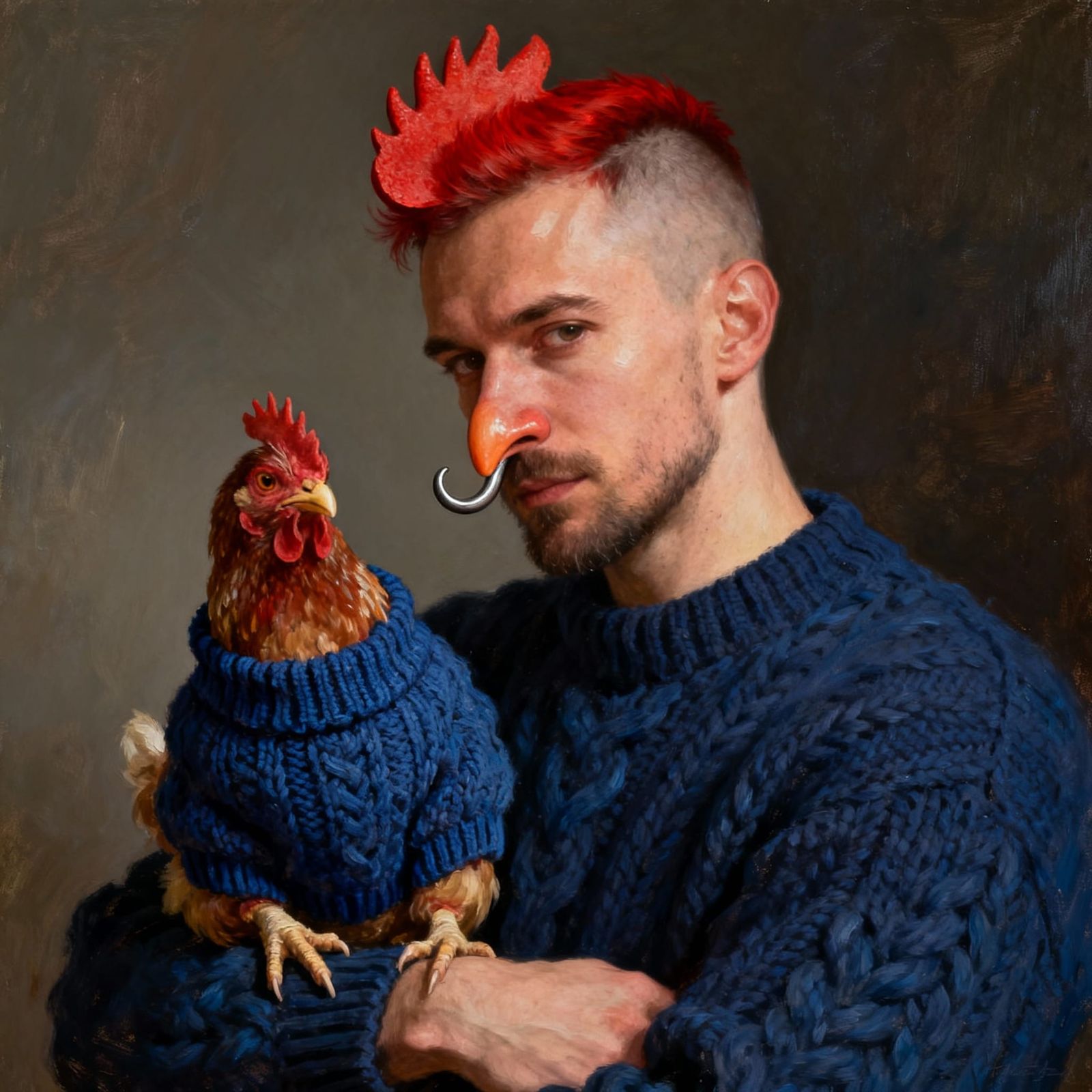 Realistic Oil Painting Portrait of Man and Pet Chicken