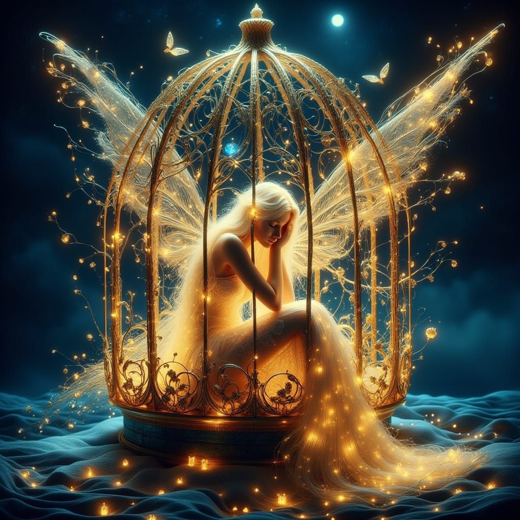Sad Fairy of Golden Light Trapped in Feathered Cage