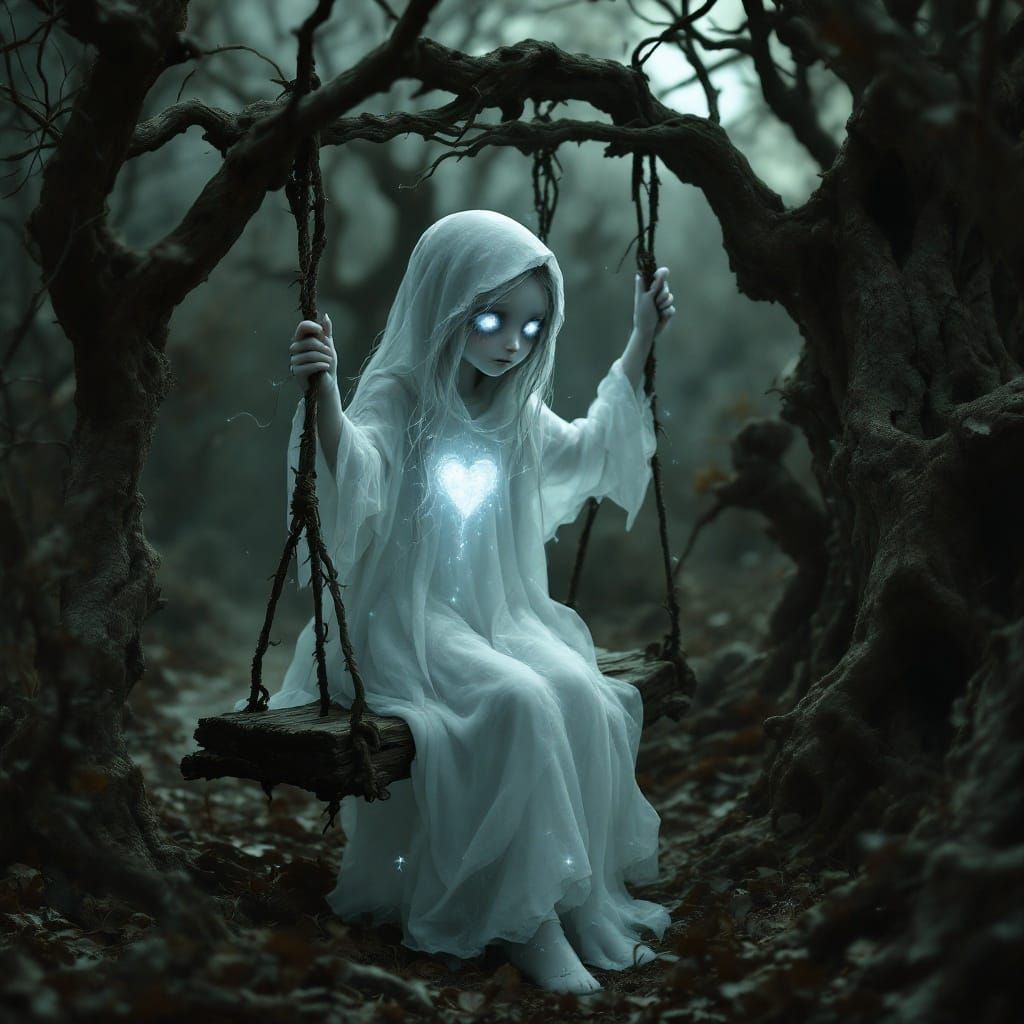 Sorrowful Little Ghost Girl in a Withered Garden