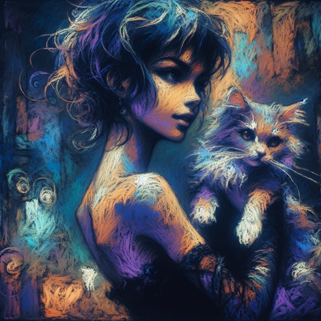 Impressionist Woman with Cat in Fantasy Concept Art
