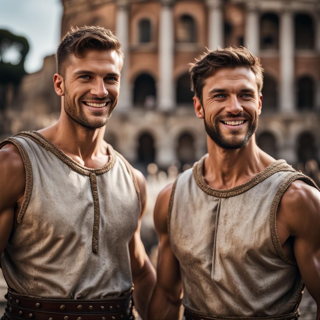 Two Handsome Men Smiling in Ancient Rome Photo