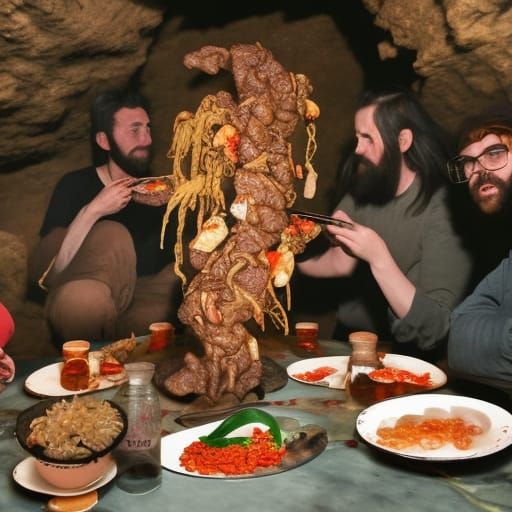 Cave People Enjoying Spring Rolls, Lowbrow Art