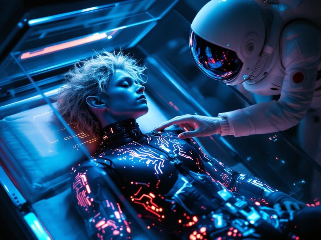 Astronaut Awakening Alien in Sci-Fi Coffin