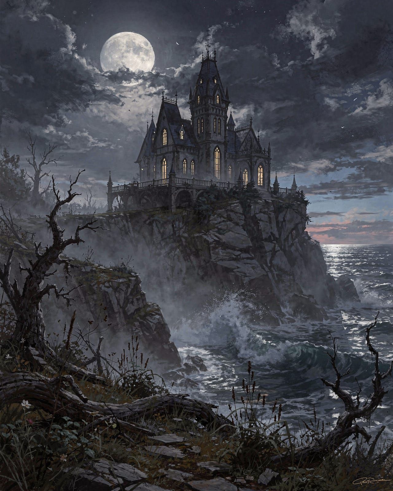 Sinister Gothic House at Pre-Dawn Overlooking Ocean