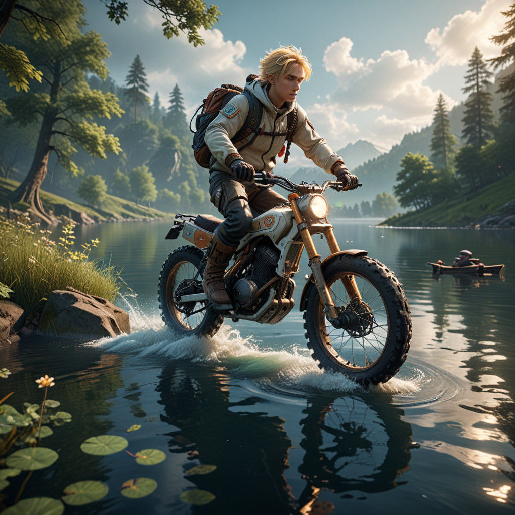 Flying Bike Rider Over Lake in a Park - Anime Key Visual