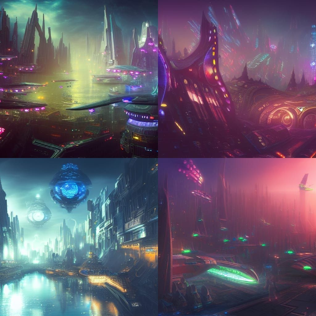 Futuristic LED City with Flying Ships