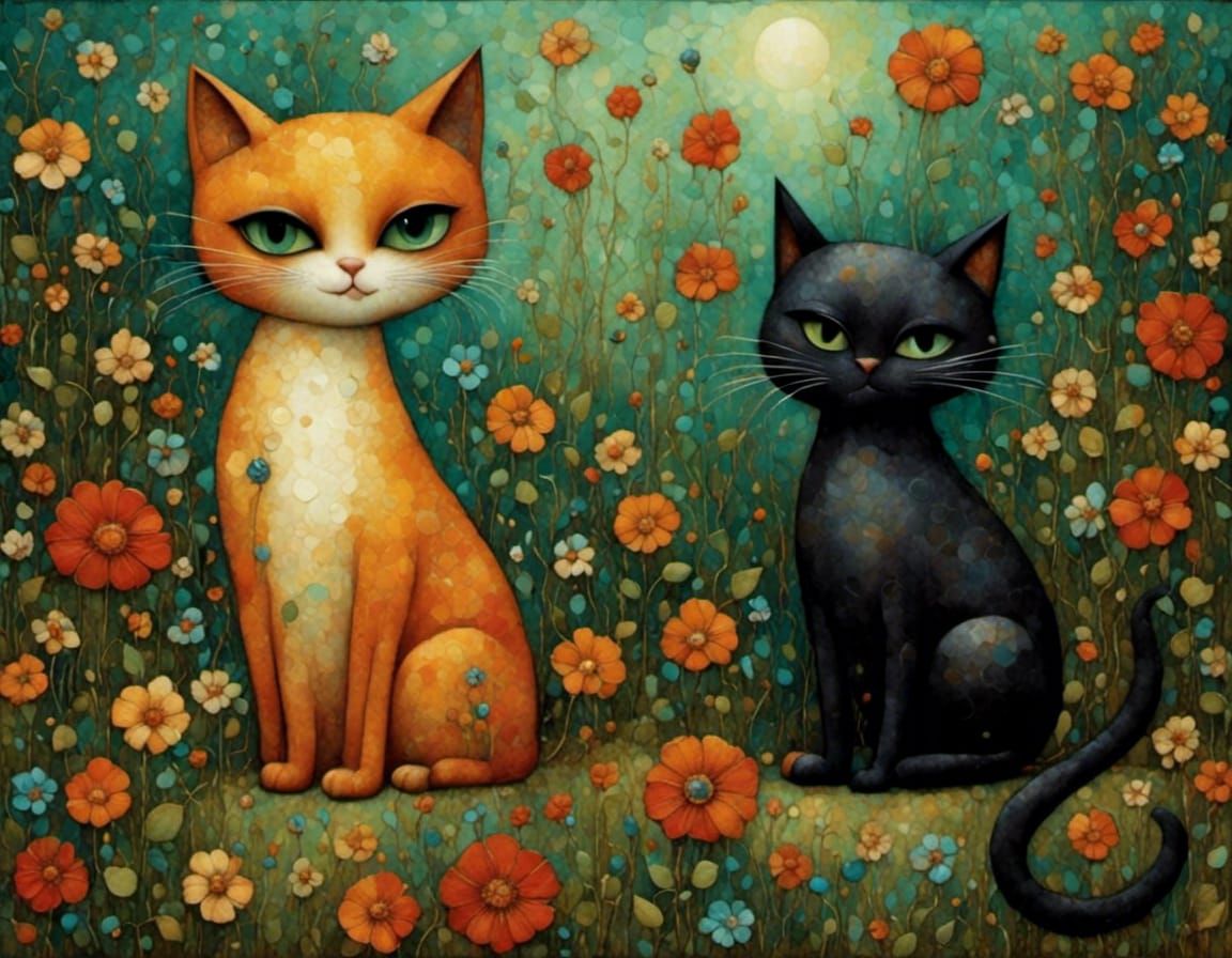 Whimsical Feline Friendship in a Vibrant Backyard Scene