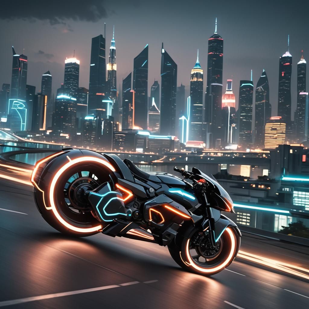 tron style light cycle, city skyline in the far background