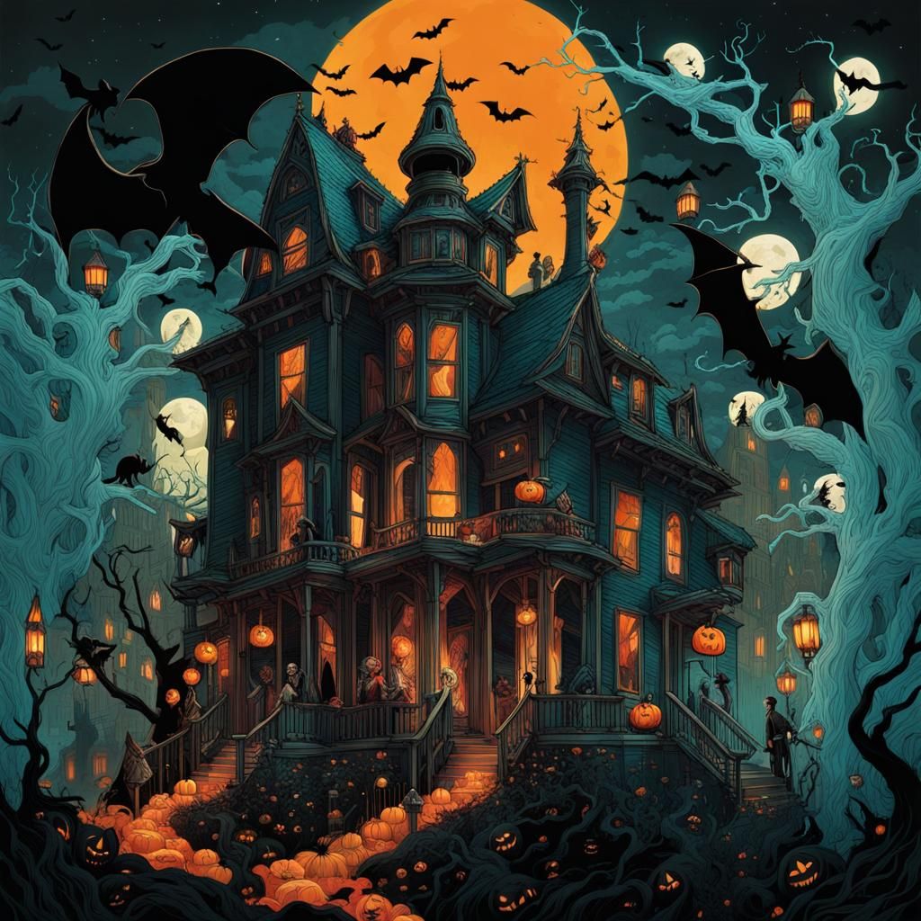 Bats and Halloween House under Moon