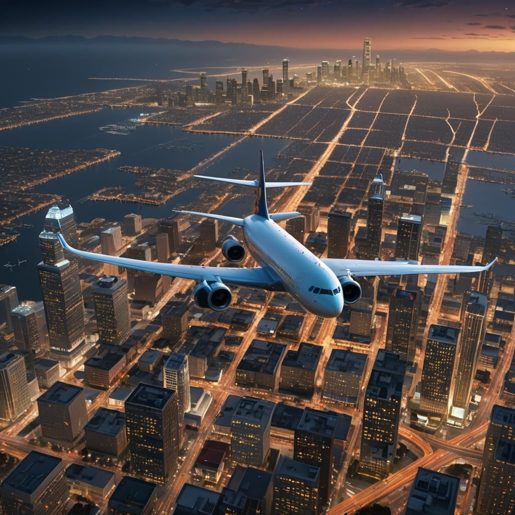 Passenger Plane Over Long Beach City Lights