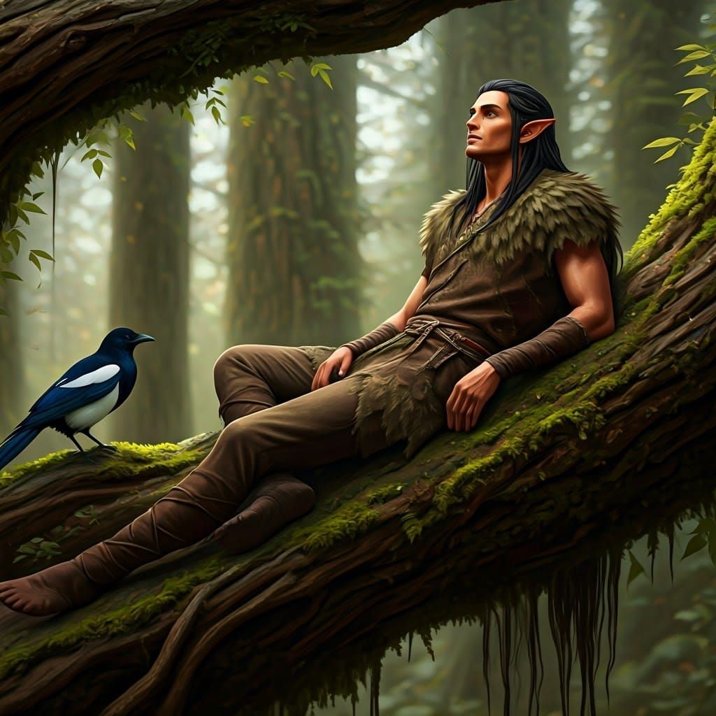 Serene Forest Elf in Nature's Embrace