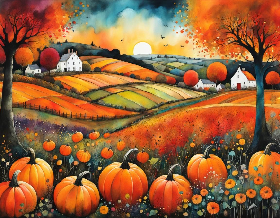 Magical Autumn Pumpkin Patch in Whimsical Style