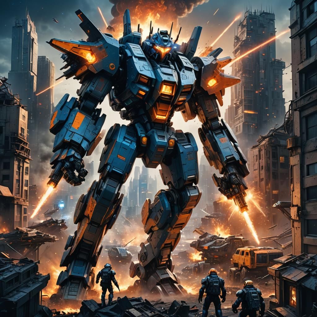 Epic Mecha Battle in Sci-Fi Cityscape