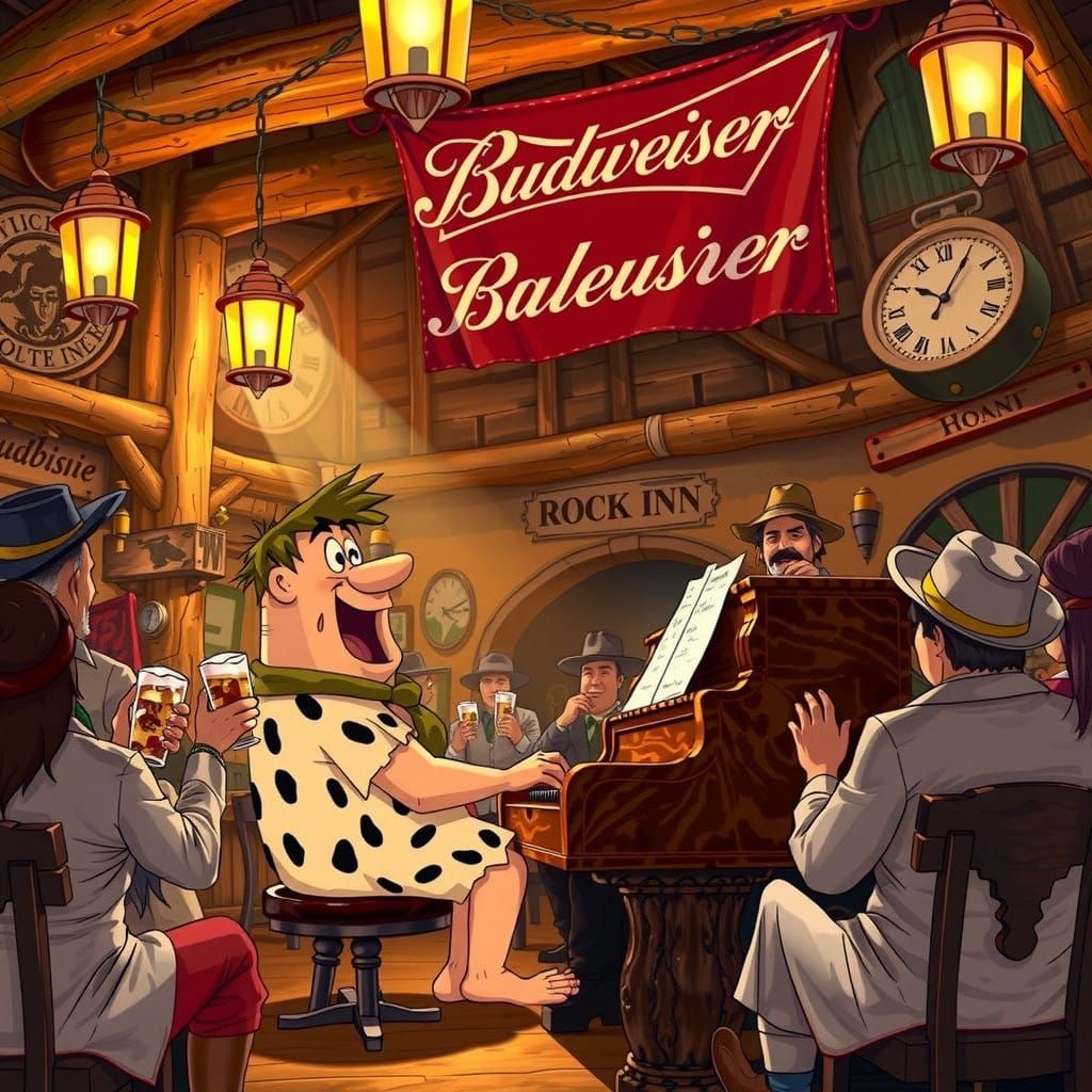 Fred Flintstone at the Rock Inn Saloon in Vibrant Anime-Insp...