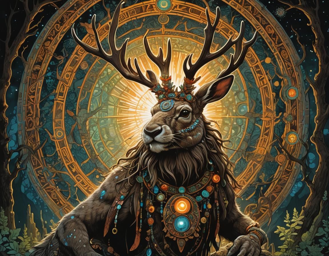 Surreal Shaman Jackalope Summons Mayan Spirit
