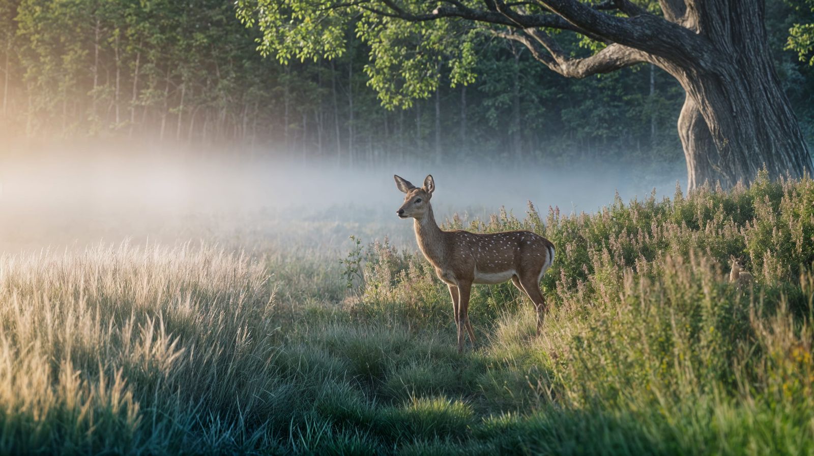 Deer in Misty Meadow at Dawn