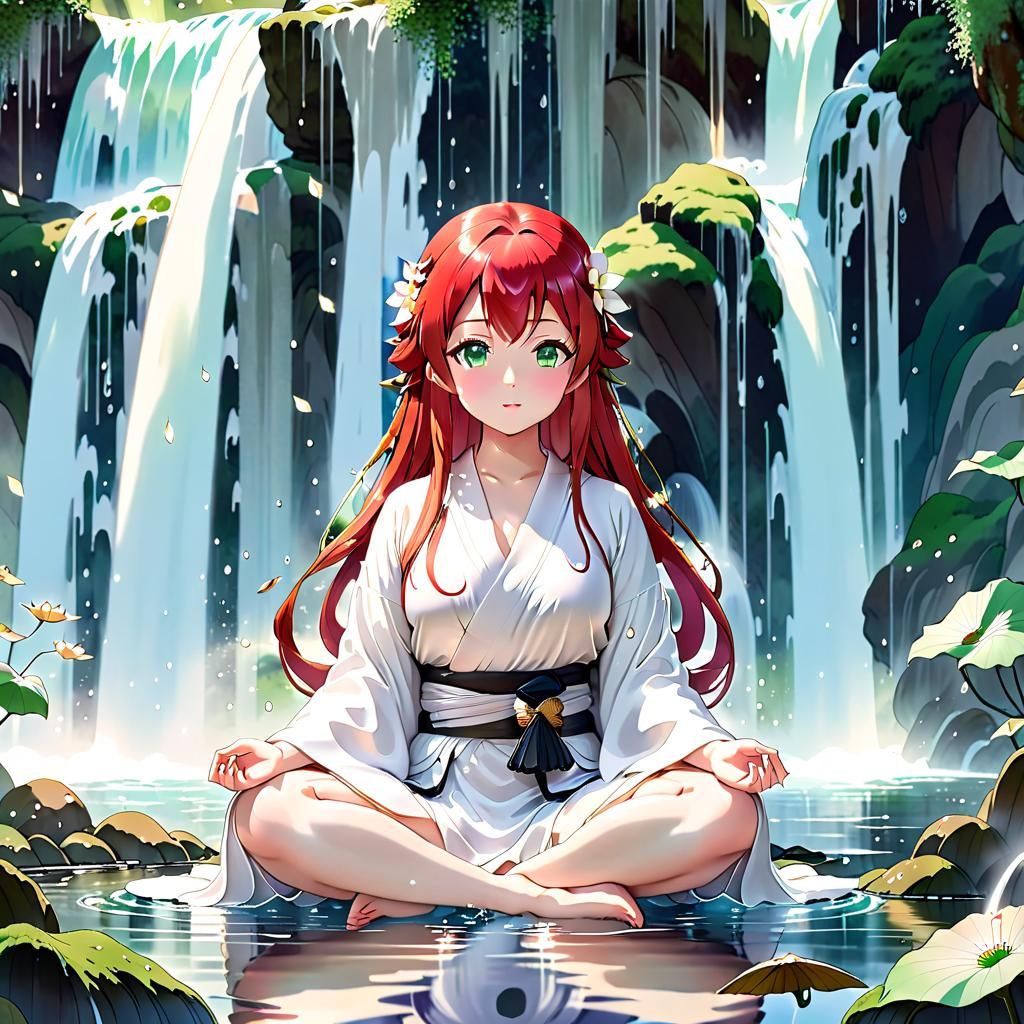 Manga Anime Woman Meditating Under Waterfall