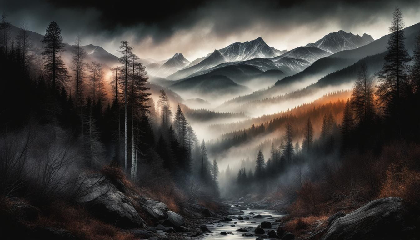 Silver Stream in Misty Forest: Hyperrealistic Digital Art