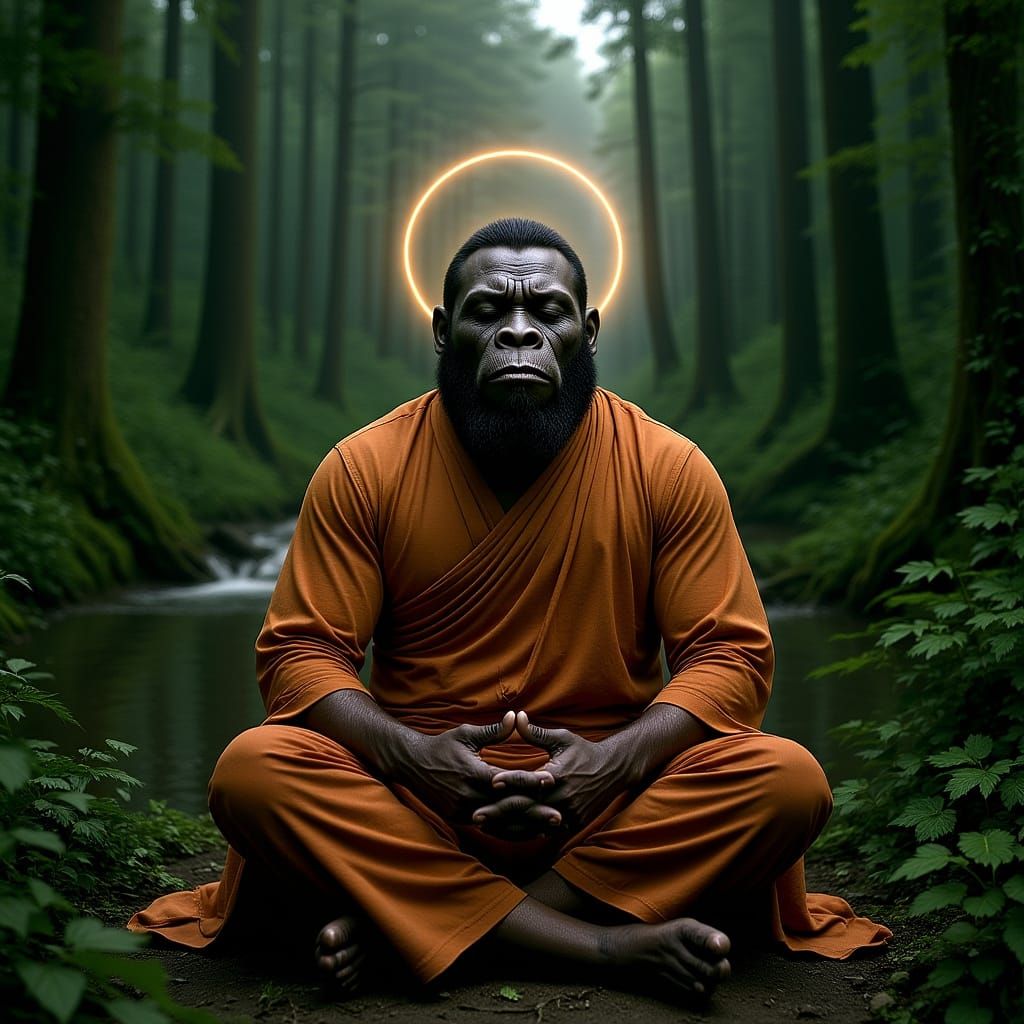 Bigfoot Meditating as Guru in Misty Forest