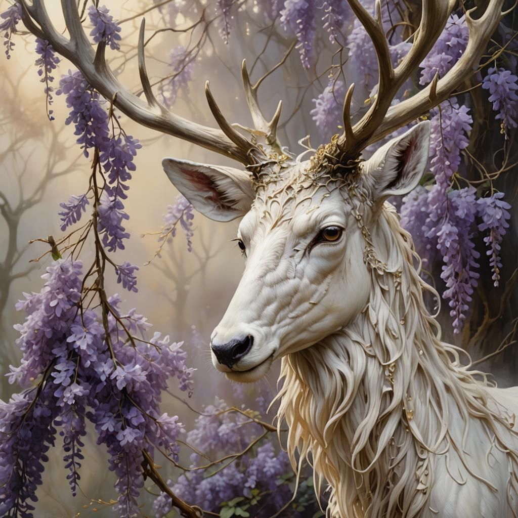 White stag in wisteria