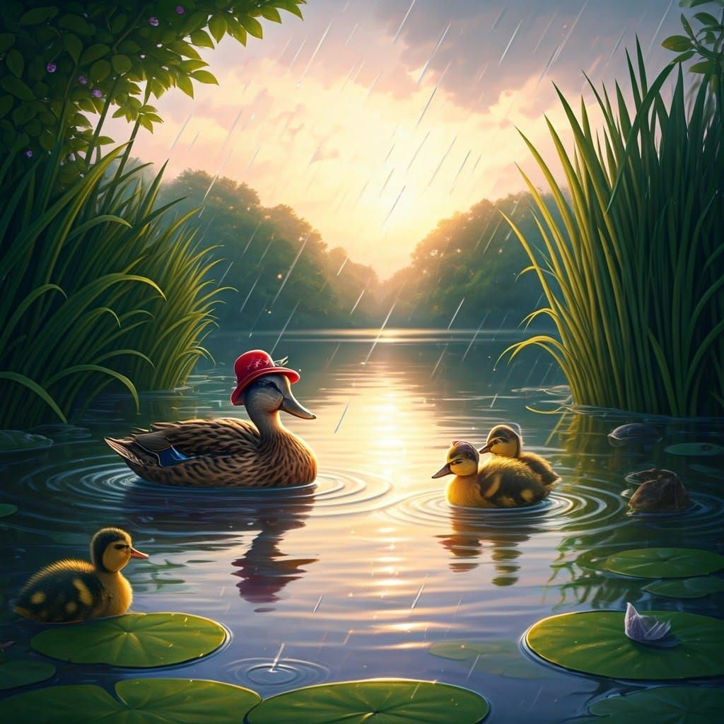 Ducklings in Rain Hats: A Whimsical Pond Scene