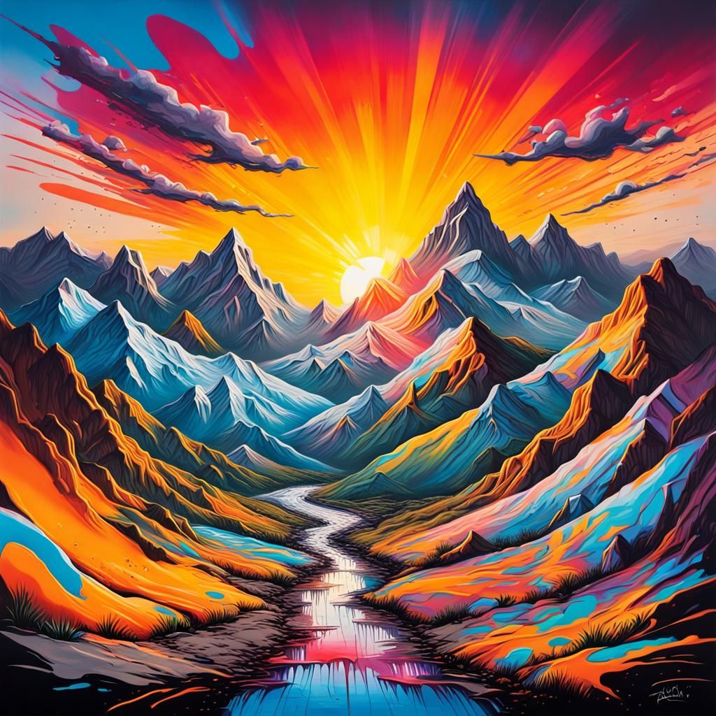 Polychromatic Sunrise Over Mountains in Graffiti Style