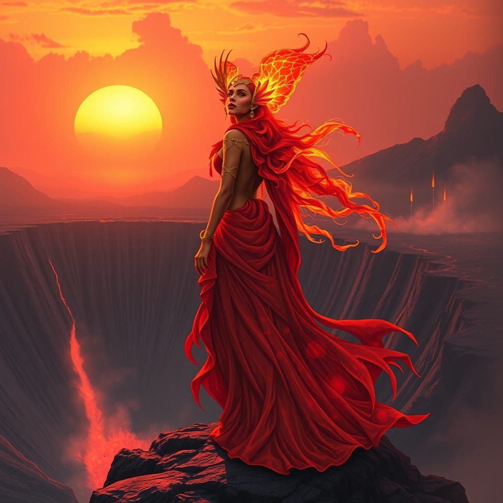 Fire Goddess at Volcanic Crater in Fantasy Art Style
