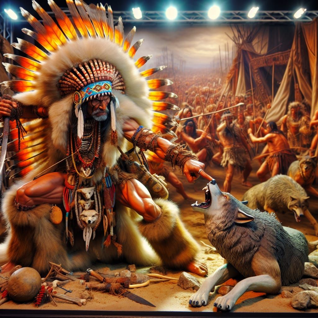 Tribal Chief Dominating Wolf in Ancient Scene