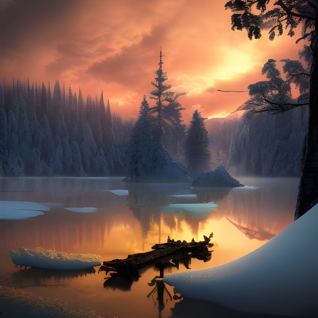 Dreamlike Winter Forest Reflection at Sunset
